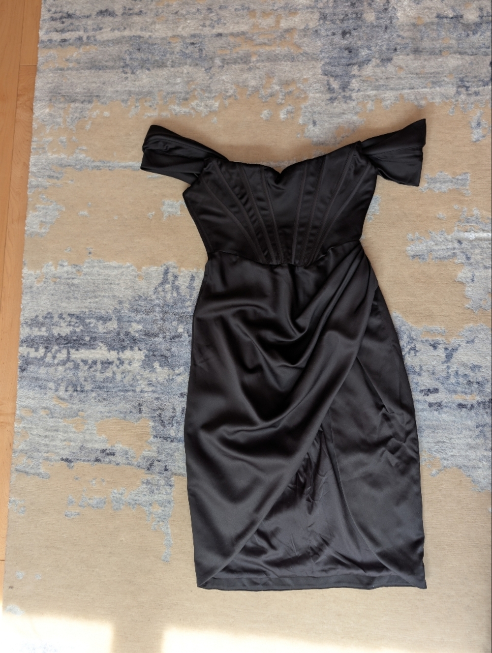 House of CB Loretta Black Satin Off-Shoulder Evening Gown